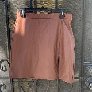 Brown leather mini shirt w/ slit high waisted